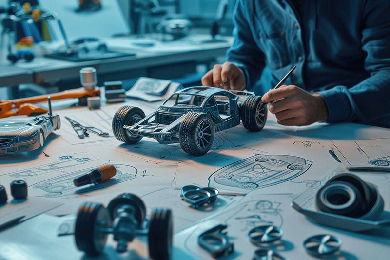 Close up of smart mechanic or technician hands designing and inventing vehicle part by using technology innovation. Skilled mechanical engineer planning and writing blueprint and motor design. AIG42.